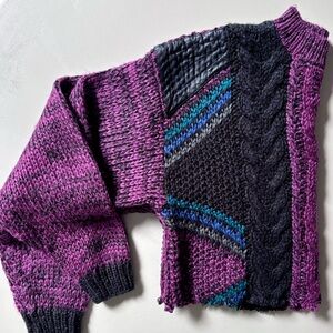 1990s Vintage Chunky Cable Knit Leather Patch Reworked Cropped Sweater